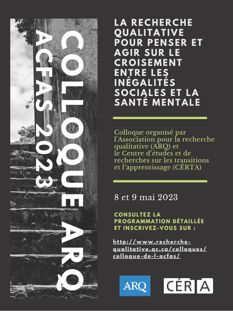 Affiche du Colloque de l'ARQ-CÉRTA, intitulé « La recherche qualitative pour penser et agir sur le croisement entre les inégalités sociales et la santé mentale » et ayant lieu à l'ACFAS le 8 et 9 mai 2023.